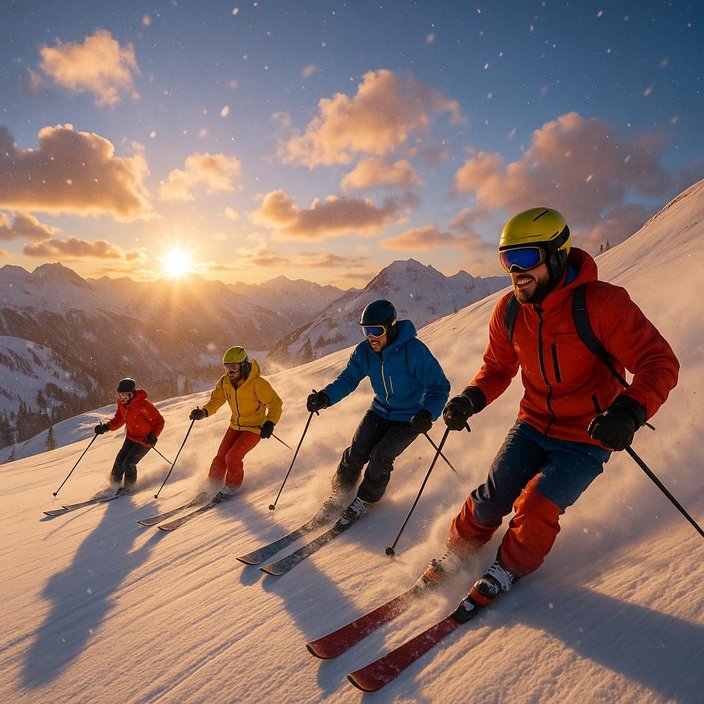 Ethereal Ascent: Skiers on a Snow-Capped Mountain